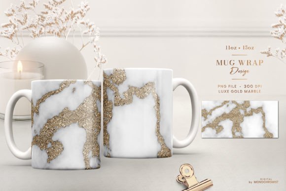 Mug Wrap Template White Gold Marble: Graphics & Print Templates